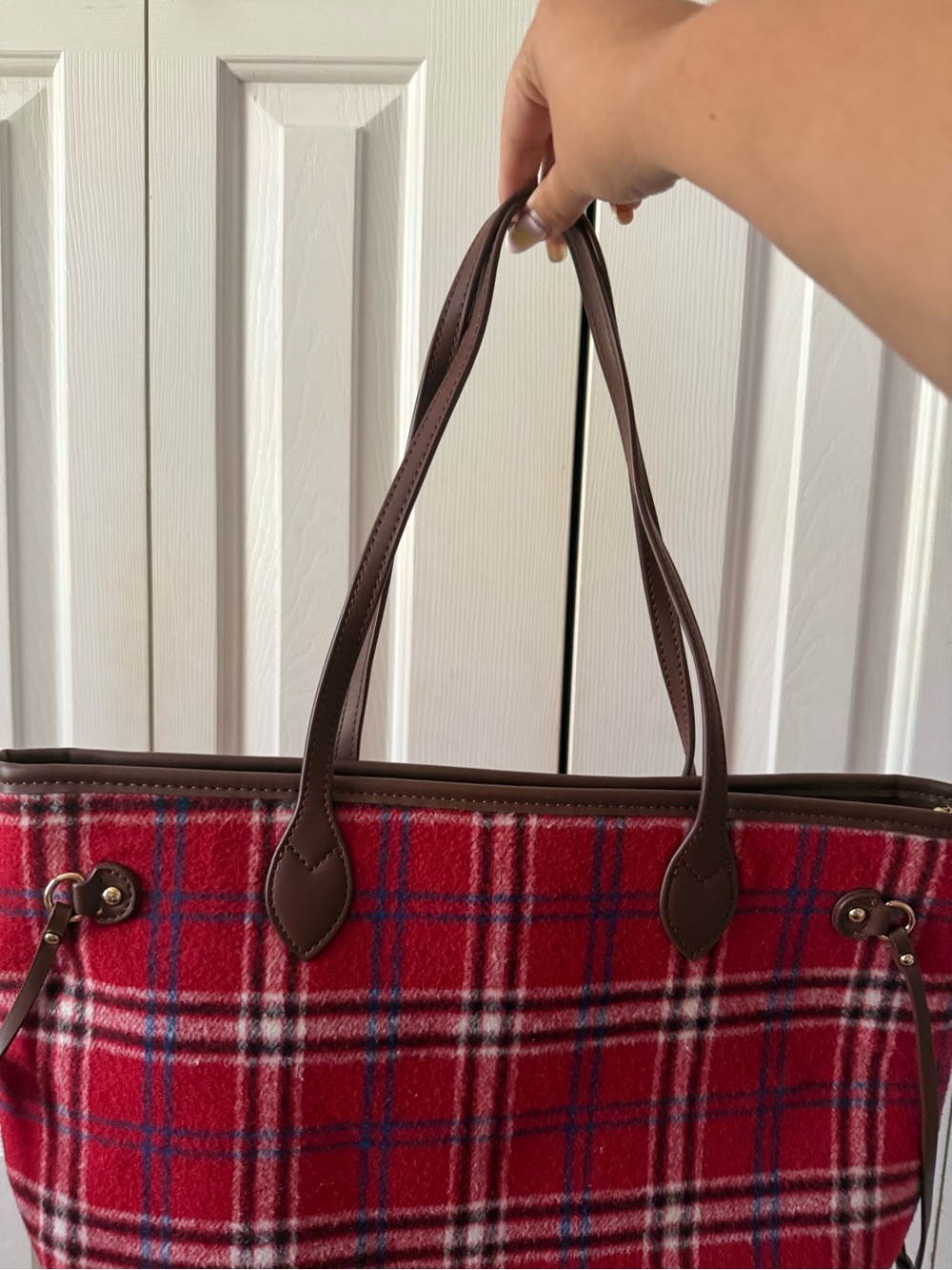 Plaid Red Tote Bag with Brown Trim - Women Bags and matching mini bag - Picture 3 of 11